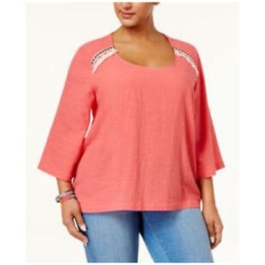 Melissa McCarthy Seven7 Embroidered Top 0X Coral